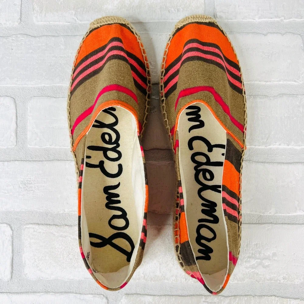 Sam Edelman Verona Espadrille Flats Orange Pink Striped Canvas Slip On  7.5M